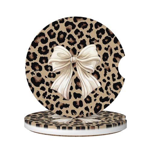 CTVSLFU Absorbent Car Coasters for Cup Holders, 2 Pack Universal Anti Slip Ceramic Cup Coaster for Women Men 2.56 Inch Car Interior Accessories - Bow Tie Brown Leopard 007 - Image 1