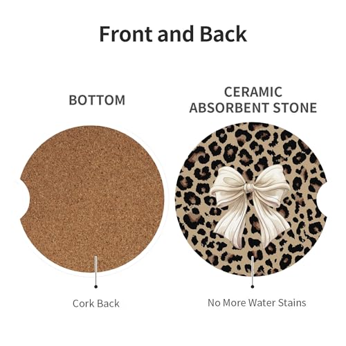 CTVSLFU Absorbent Car Coasters for Cup Holders, 2 Pack Universal Anti Slip Ceramic Cup Coaster for Women Men 2.56 Inch Car Interior Accessories - Bow Tie Brown Leopard 007 - Image 2