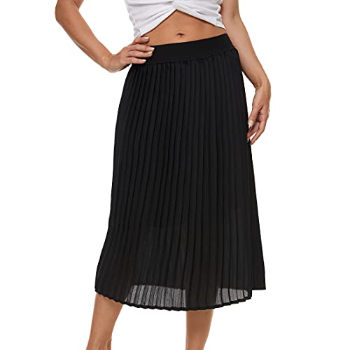 TEERFU Womens Pleated Midi Skirt,High Waist Swing Boho Pleated Skirt Casual Chiffon Elastic A-line Long Skirts (Black, Medium) - Image 3