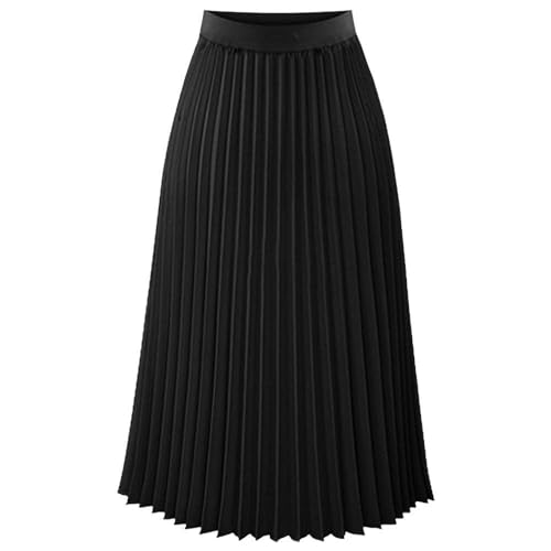 TEERFU Womens Pleated Midi Skirt,High Waist Swing Boho Pleated Skirt Casual Chiffon Elastic A-line Long Skirts (Black, Medium) - Image 1