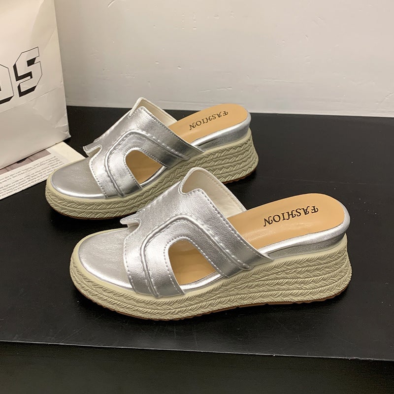 Genuine Leather Fashionable Versatile Height-Increasing 6cm Wedge Sandals to Match Skirts, Suitable for Summer and Autumn 2025, Open-Toe Straw Wedge Sandals for Outdoor Wear - Image 1