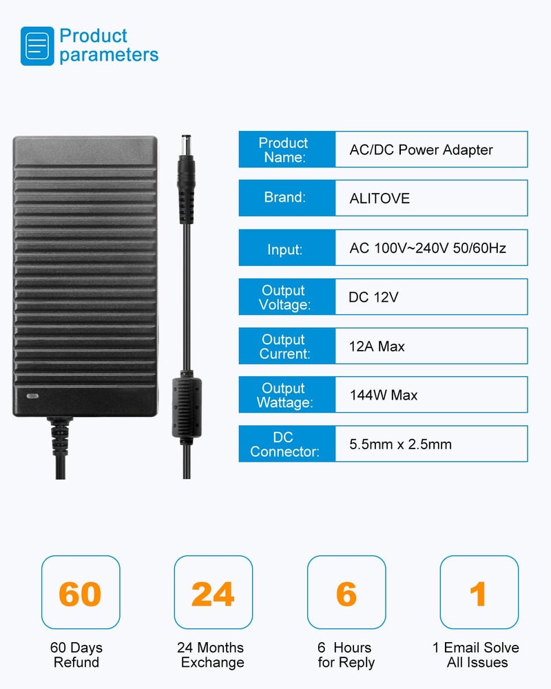 ALITOVE 12V Power Supply DC 12 Volt 12 Amp 144W Power Adapter 100-240V AC to DC Adapter 110V to 12V Converter 12A 10A Low Voltage Transformer with 5.5mm x 2.5 2.1mm Plug for LED Light 3D Printer - Image 5