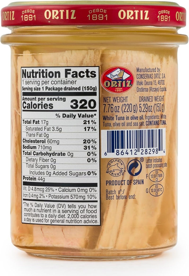 Ortiz White Tuna in Olive Oil - Fresh and Tender Spanish Wild Caught Tuna, 7.76oz Glass Jar - Image 2