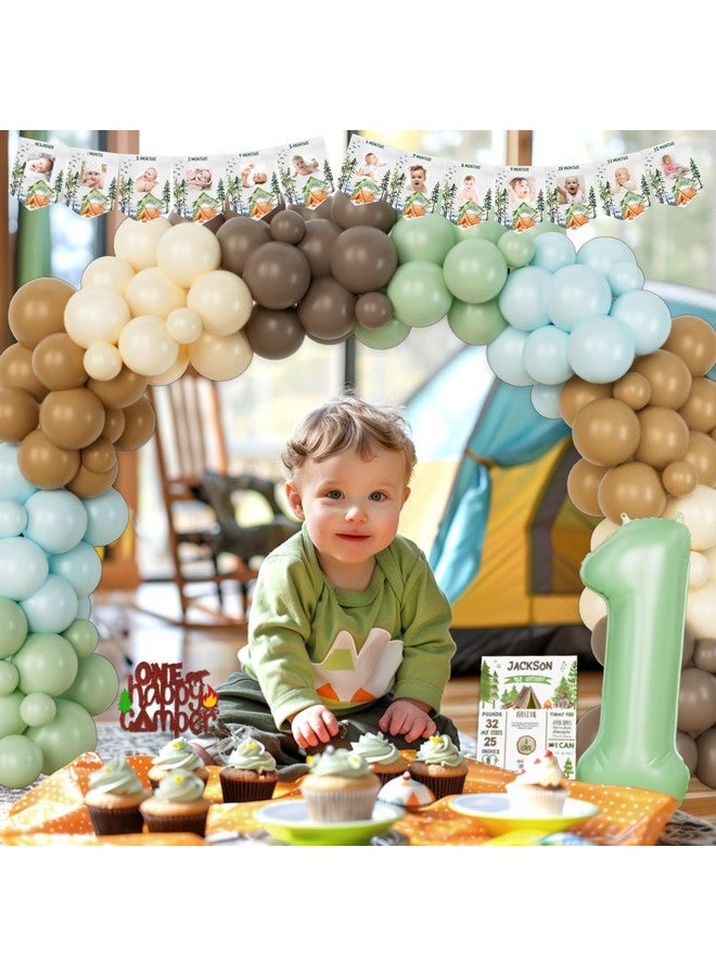 Hombae One Happy Camper Birthday Decorations, First Birthday Decorations, Camping 1St Birthday Party Decor, Green Backdrop Balloon Banner Cake Topper Crown Poster Cutout Balloon Boxes 114 Pcs - Image 5