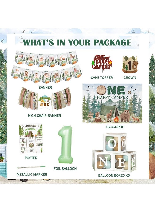Hombae One Happy Camper Birthday Decorations, First Birthday Decorations, Camping 1St Birthday Party Decor, Green Backdrop Balloon Banner Cake Topper Crown Poster Cutout Balloon Boxes 114 Pcs - Image 2