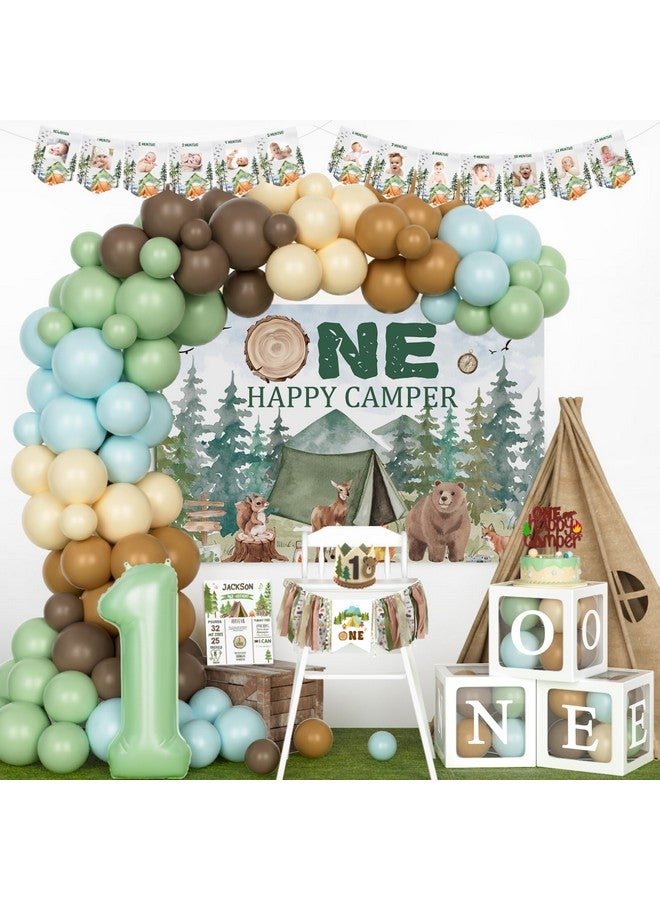 Hombae One Happy Camper Birthday Decorations, First Birthday Decorations, Camping 1St Birthday Party Decor, Green Backdrop Balloon Banner Cake Topper Crown Poster Cutout Balloon Boxes 114 Pcs - Image 1