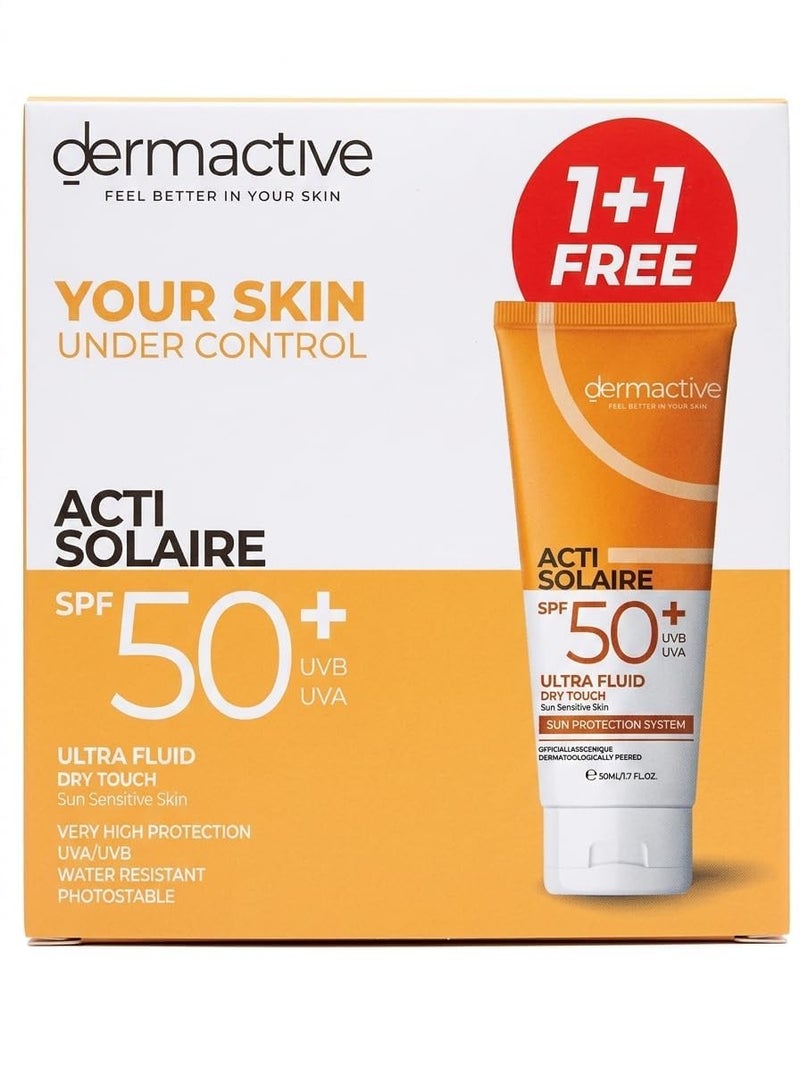 Dermactive Acti Solaire Ultra Fluid Dry Touch Sunscreen SPF 50+, 50ml (Pack of 2-1+1 Free) | صن بلوك ديرماكتيف اكتي سولير الترا فلويد ملمس جاف واقي شمس +50 SPF، حجم 50 مل (قطعتين 1+1 مجاناً)