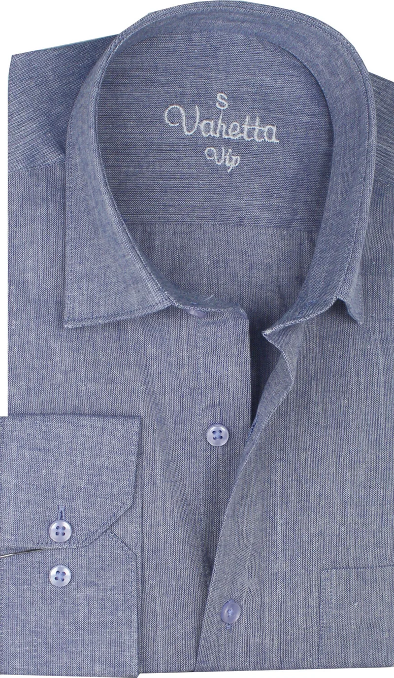 فاريتا Men's Blue Long Sleeve Linen Effect Pocket Cotton Shirt