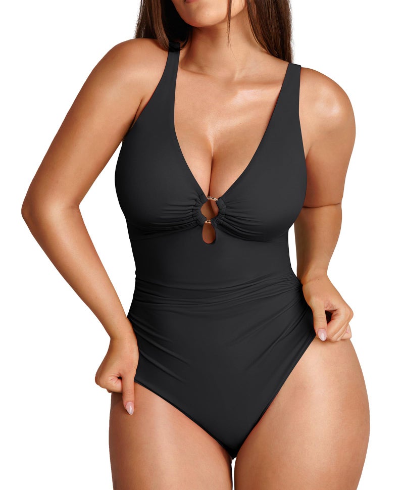 FeelinGirl One Piece Swimsuits Tummy Control Women's One-Piece Swimsuits with Deep V Neck Design Slimming Swimwear for Women Vacation Swimwear Black L - Image 1