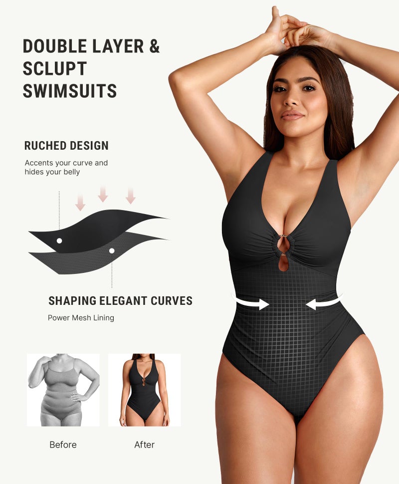 FeelinGirl One Piece Swimsuits Tummy Control Women's One-Piece Swimsuits with Deep V Neck Design Slimming Swimwear for Women Vacation Swimwear Black L - Image 4