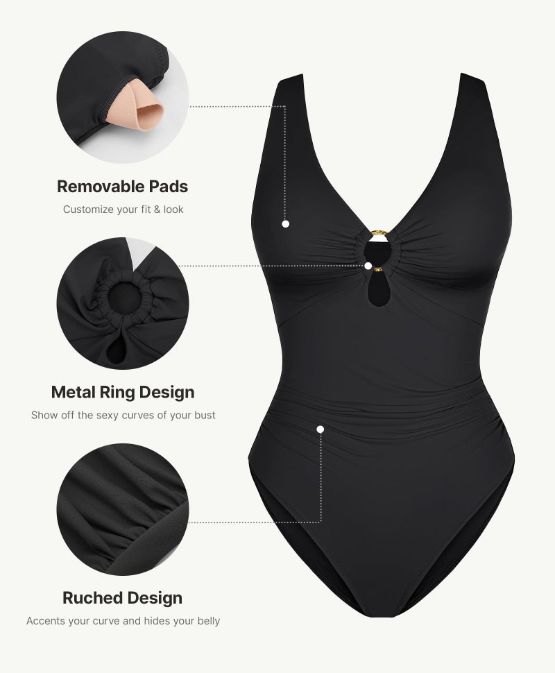 FeelinGirl One Piece Swimsuits Tummy Control Women's One-Piece Swimsuits with Deep V Neck Design Slimming Swimwear for Women Vacation Swimwear Black L - Image 5