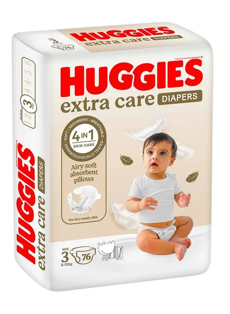 Huggies Extra Care Tape Stye Diapers, 76 Pieces Pack of 2, Size 3, 4-9kg - 12h Protection, Dermatologist Approved, Breathable, 152 Pieces - Image 1