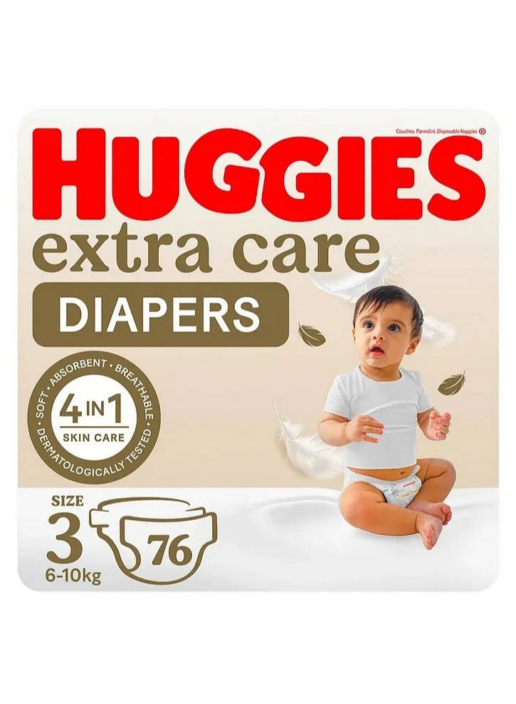 Huggies Extra Care Tape Stye Diapers, 76 Pieces Pack of 2, Size 3, 4-9kg - 12h Protection, Dermatologist Approved, Breathable, 152 Pieces - Image 2