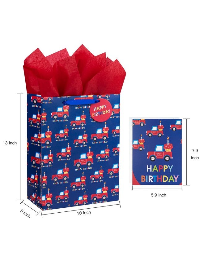 WRAPAHOLIC 13" Large Birthday Gift Bags With Card And Tissue Paper Car Design For Kids Birthday Gift Wrap - Image 2