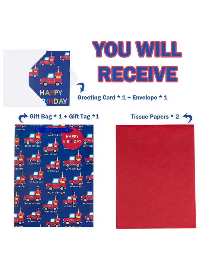 WRAPAHOLIC 13" Large Birthday Gift Bags With Card And Tissue Paper Car Design For Kids Birthday Gift Wrap - Image 3