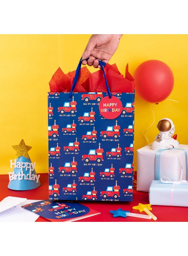 WRAPAHOLIC 13" Large Birthday Gift Bags With Card And Tissue Paper Car Design For Kids Birthday Gift Wrap - Image 5