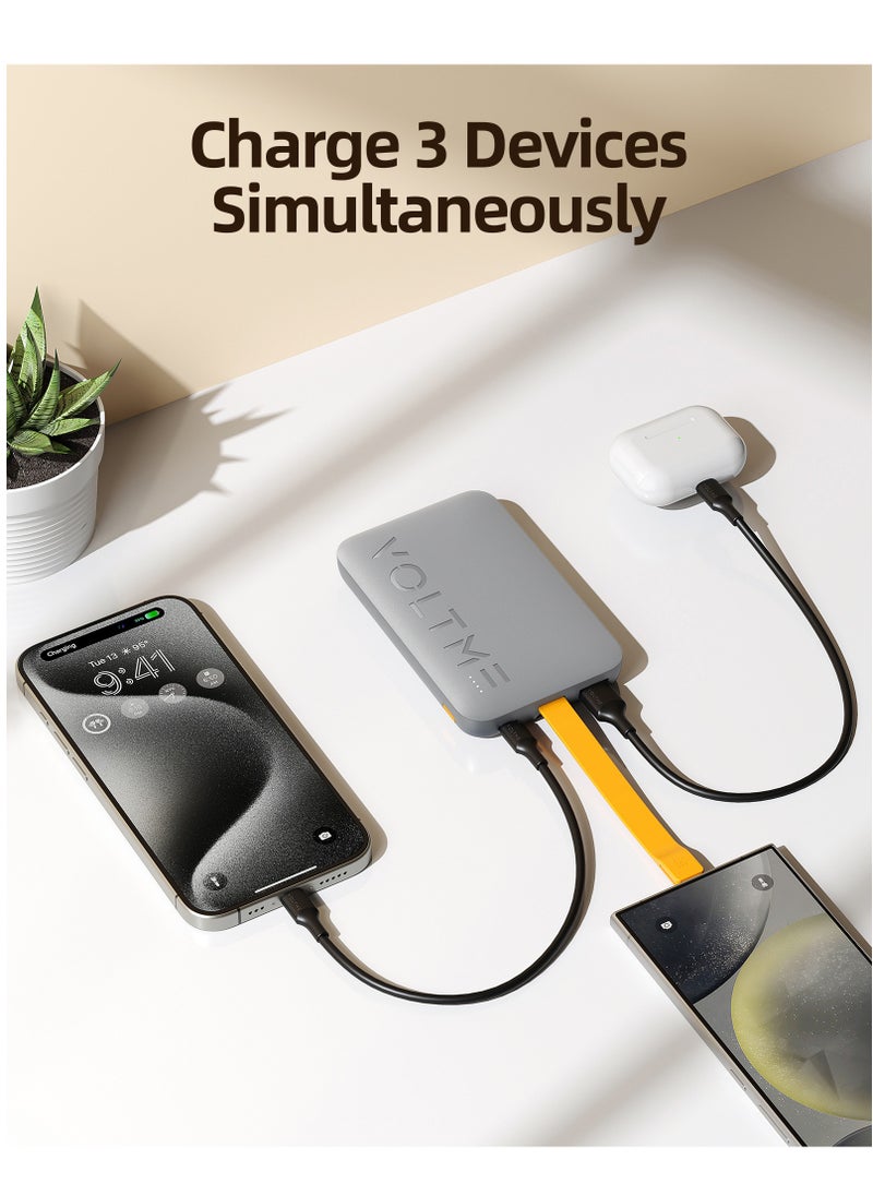VOLTME - 10,000mAh USB-C Power Bank with Built-in Type-C Cable, 22W PD Fast Charging, Portable Charger, Ultra-Slim & Compact Battery with 3 Outputs, Compatible with iPhone 16/15, Samsung Galaxy S25/24/23, Google Pixel 10/9, OnePlus 14/13, Xiaomi 16/15, iPad Pro/Air, Android, AirPods - Lightweight, Aviation Certified, Travel Friendly (Grey) - Image 1