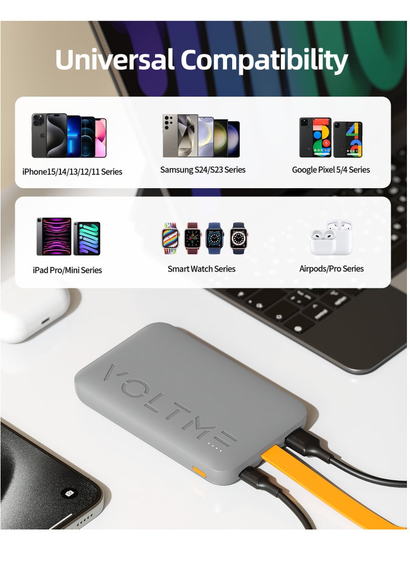VOLTME - 10,000mAh USB-C Power Bank with Built-in Type-C Cable, 22W PD Fast Charging, Portable Charger, Ultra-Slim & Compact Battery with 3 Outputs, Compatible with iPhone 16/15, Samsung Galaxy S25/24/23, Google Pixel 10/9, OnePlus 14/13, Xiaomi 16/15, iPad Pro/Air, Android, AirPods - Lightweight, Aviation Certified, Travel Friendly (Grey) - Image 1