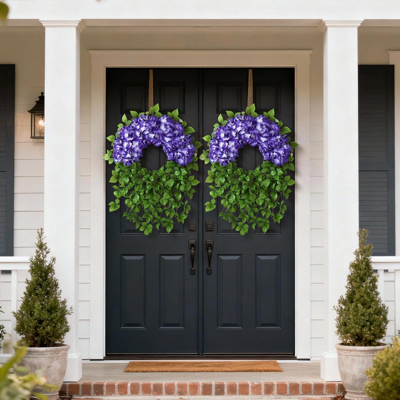 Juxdp Artificial Hydrangea Wreath for Front Door Outside - Fake Hydrangea Real Touch Ivy, Spring Summer Greenery Flowers Wreath, for Home Mantel Window Farmhouse Decor (23", Purple) - Image 4