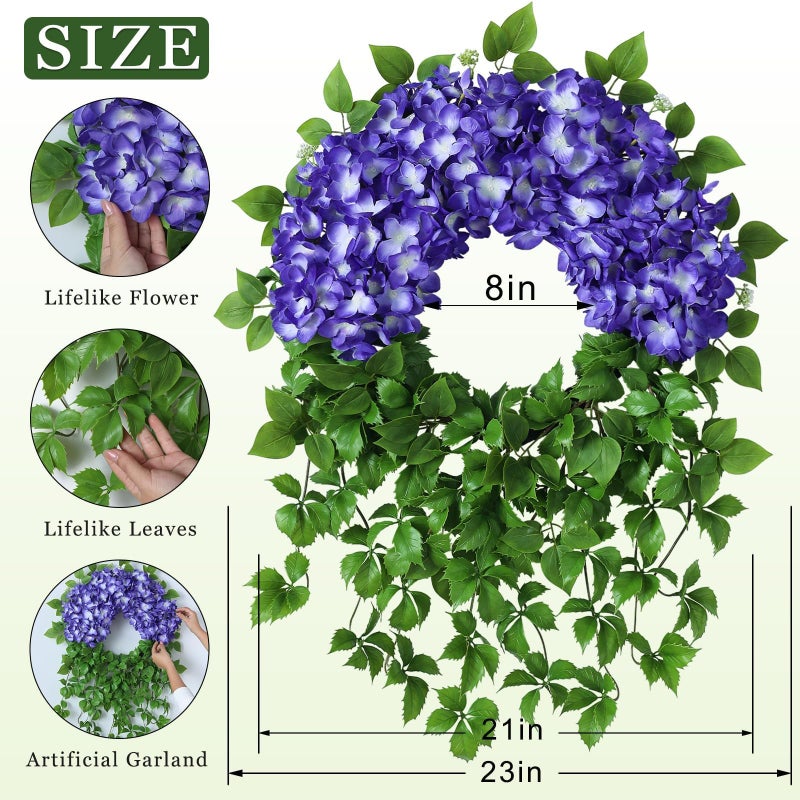 Juxdp Artificial Hydrangea Wreath for Front Door Outside - Fake Hydrangea Real Touch Ivy, Spring Summer Greenery Flowers Wreath, for Home Mantel Window Farmhouse Decor (23", Purple) - Image 5