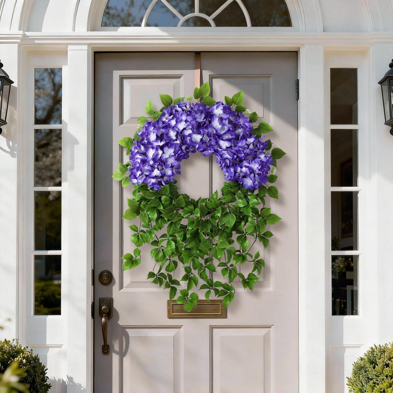 Juxdp Artificial Hydrangea Wreath for Front Door Outside - Fake Hydrangea Real Touch Ivy, Spring Summer Greenery Flowers Wreath, for Home Mantel Window Farmhouse Decor (23", Purple) - Image 2
