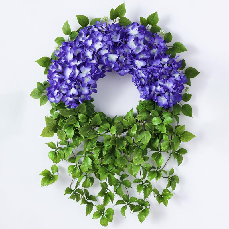 Juxdp Artificial Hydrangea Wreath for Front Door Outside - Fake Hydrangea Real Touch Ivy, Spring Summer Greenery Flowers Wreath, for Home Mantel Window Farmhouse Decor (23", Purple) - Image 1