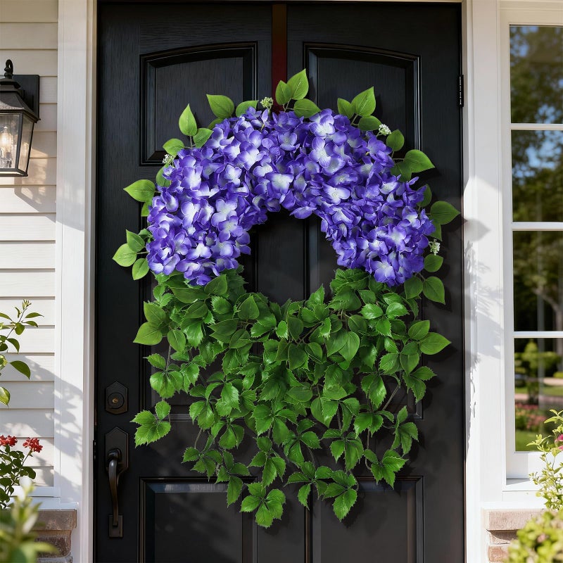 Juxdp Artificial Hydrangea Wreath for Front Door Outside - Fake Hydrangea Real Touch Ivy, Spring Summer Greenery Flowers Wreath, for Home Mantel Window Farmhouse Decor (23", Purple) - Image 3