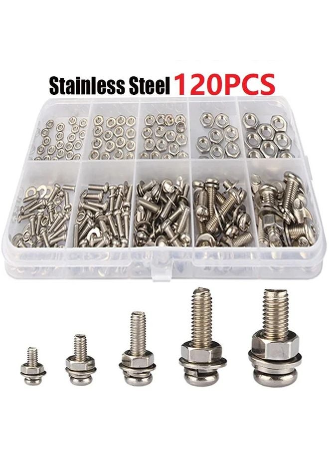 120pcs Stainless Steel 304 Screw Nut Bolt Assortment Kit M2 M3 M4 M5 For DIY Repair - Image 1