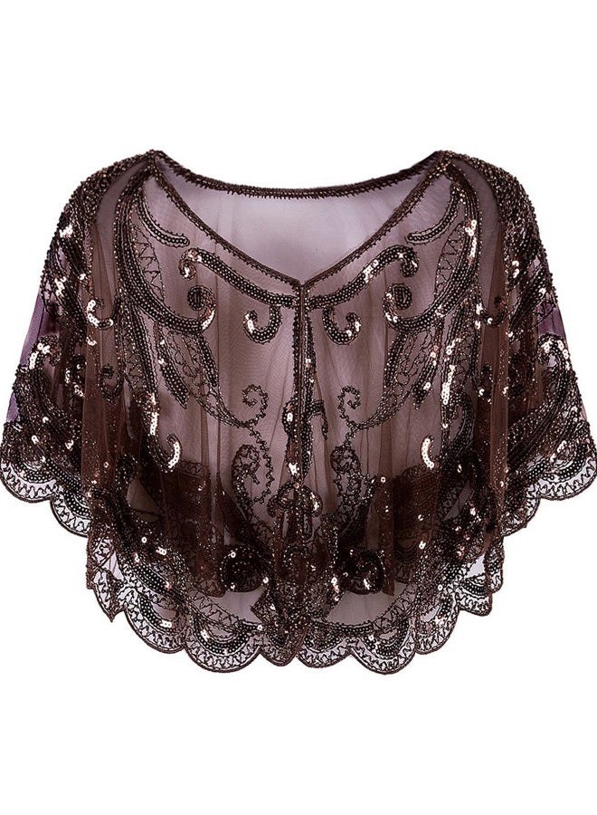 Vijiv Womens Vintage 1920s Shawl Beaded Sequin Deco Evening Cape Shrug Bolero Flapper Cover Up, Coffee, One size - Image 1