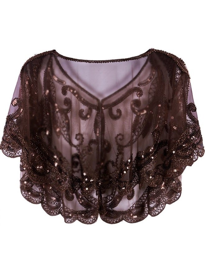 Vijiv Womens Vintage 1920s Shawl Beaded Sequin Deco Evening Cape Shrug Bolero Flapper Cover Up, Coffee, One size - Image 2