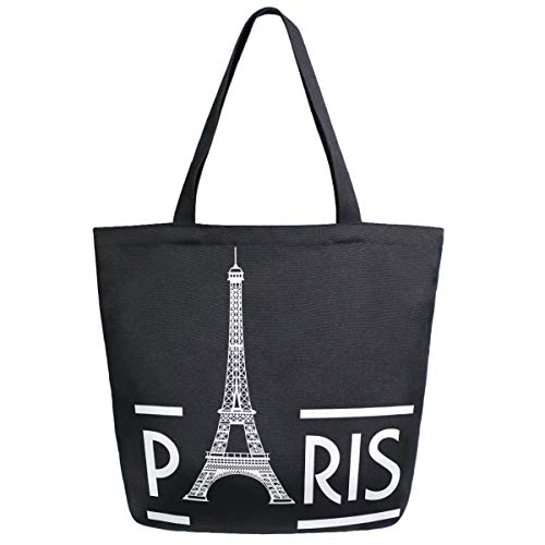 ZzWwR Chic Extra Large Shoulder Grocery Tote Bag, Stylish Eiffel Tower Paris Pattern Canvas Reusable Handle Bags for Men Women Gym Weekender Picnic Beach Travel Home Storage Market Shopping,Black White - Image 1