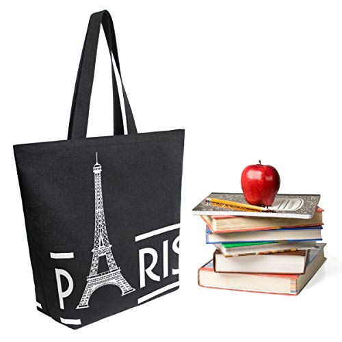 ZzWwR Chic Extra Large Shoulder Grocery Tote Bag, Stylish Eiffel Tower Paris Pattern Canvas Reusable Handle Bags for Men Women Gym Weekender Picnic Beach Travel Home Storage Market Shopping,Black White - Image 4