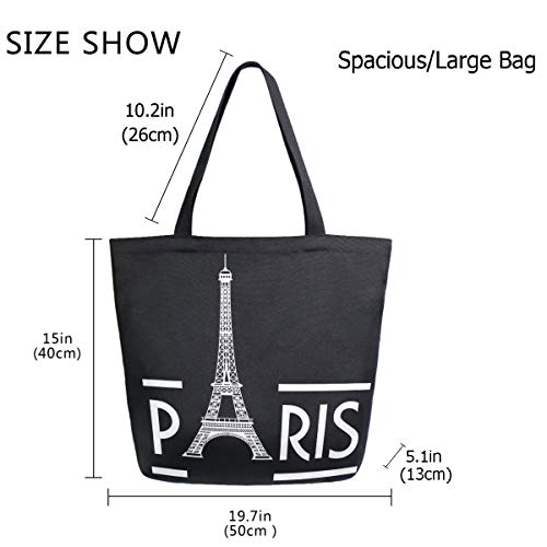 ZzWwR Chic Extra Large Shoulder Grocery Tote Bag, Stylish Eiffel Tower Paris Pattern Canvas Reusable Handle Bags for Men Women Gym Weekender Picnic Beach Travel Home Storage Market Shopping,Black White - Image 2