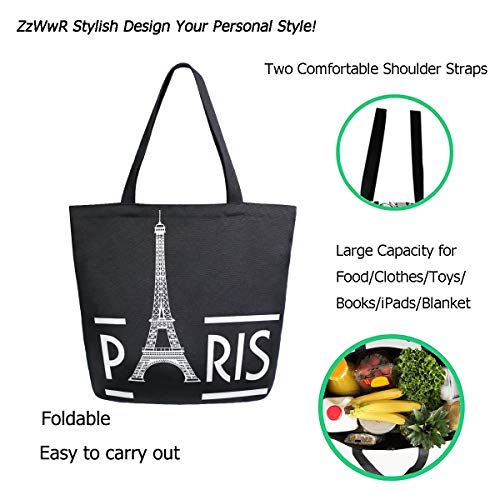 ZzWwR Chic Extra Large Shoulder Grocery Tote Bag, Stylish Eiffel Tower Paris Pattern Canvas Reusable Handle Bags for Men Women Gym Weekender Picnic Beach Travel Home Storage Market Shopping,Black White - Image 3