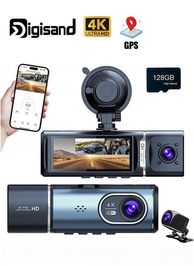 ديقيساند 3 قنوات 4K 4K مسجل فيديو رقمي للسيارة 5G WIFI GPS GPS كاميرا كاميرا كاميرا قيادة السيارة كاميرا مراقبة سوداء 24 ساعة مراقبة ليلية مع بطاقة 128G  - Image 1