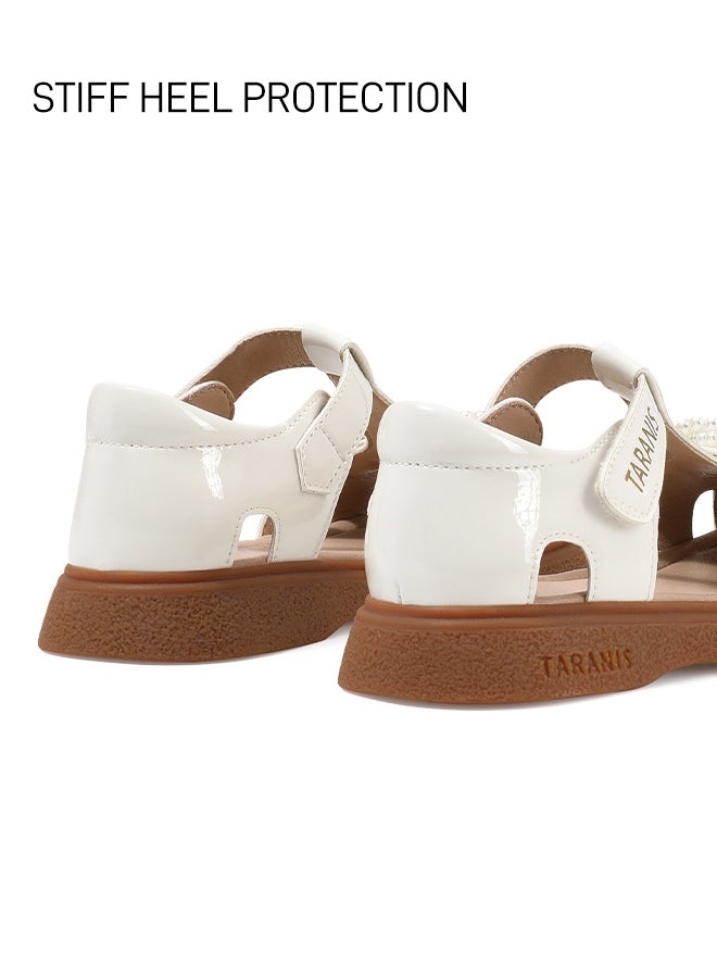 تارانيس أحذية أطفال من تارانيس، صنادل أنيقة مزينة باللؤلؤ على شكل حرف T للبنات، صنادل مغلقة من الأمام بتفاصيل لؤلؤية - Image 5