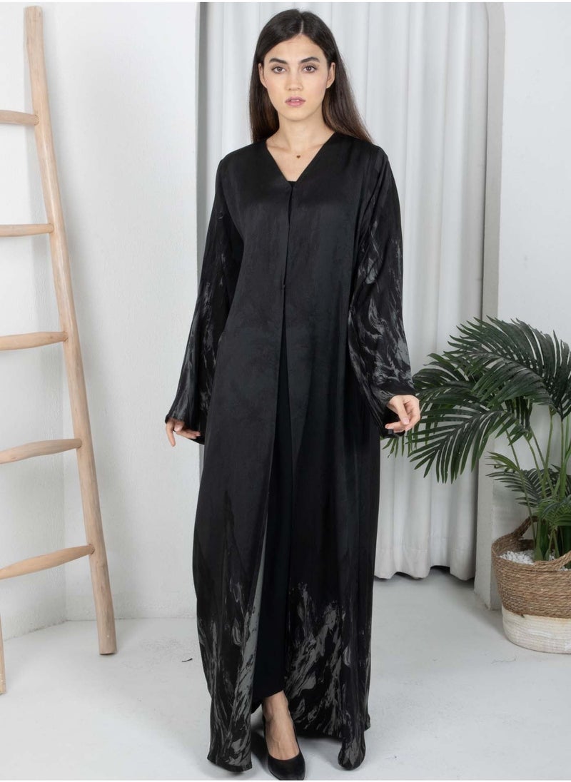 أم سكوير فاشن عباية سوداء بطبعة ذاتية مع شيلة - Image 1