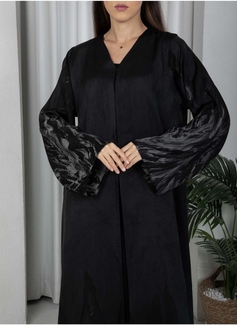 أم سكوير فاشن عباية سوداء بطبعة ذاتية مع شيلة - Image 5