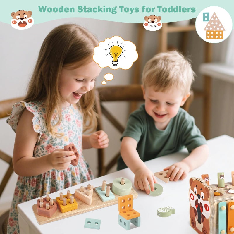 Weilim Wooden Montessori Toys for Toddlers 1-3, Baby Pounding Hammering Toy with Xylophone & Fishing Game, Car Ramp Racer, Stacking Blocks & Shape Sorter, 3 in 1 Learning Multi-Activity Set for 1 + Year Old - Image 5