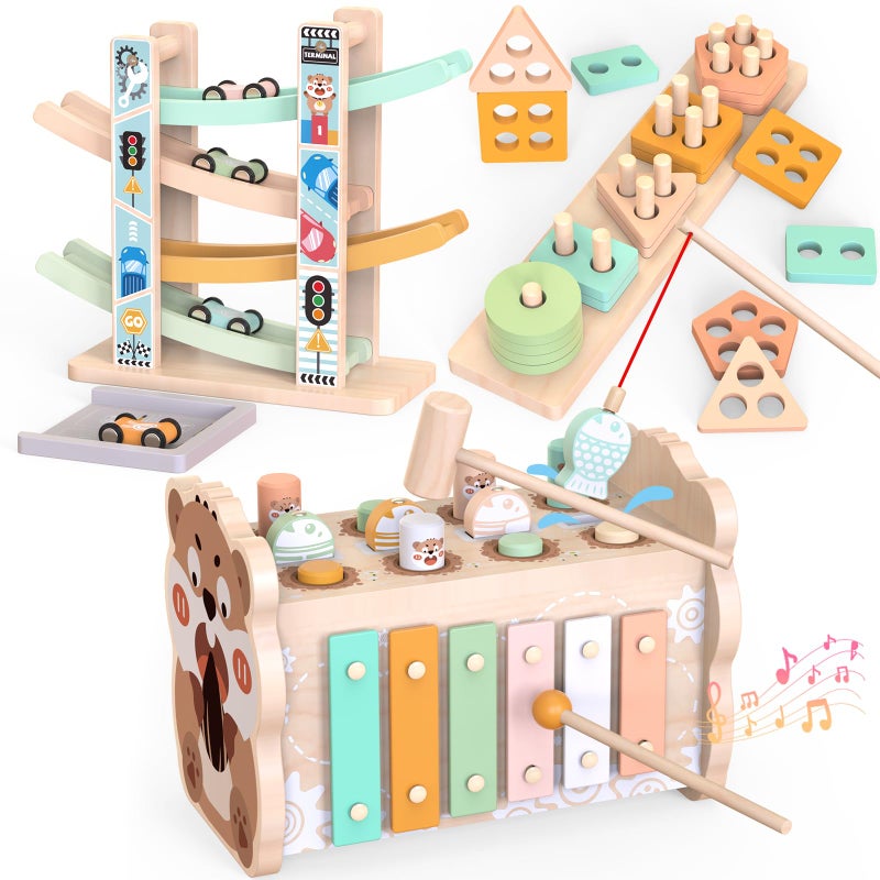 Weilim Wooden Montessori Toys for Toddlers 1-3, Baby Pounding Hammering Toy with Xylophone & Fishing Game, Car Ramp Racer, Stacking Blocks & Shape Sorter, 3 in 1 Learning Multi-Activity Set for 1 + Year Old - Image 1