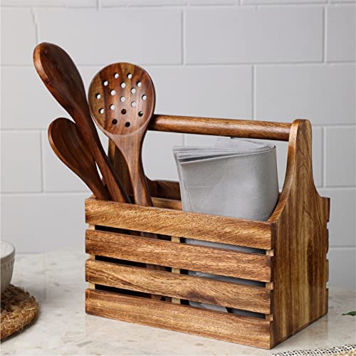 dudki Wooden Cutlery Holder | Spoon Stand for Dining Table | Chammach Stand | Cutlery holder | caddy organizer for Kitchen storage spoons forks knifes tissue paper Dispenser | Mango Wood 4 Section - Image 1