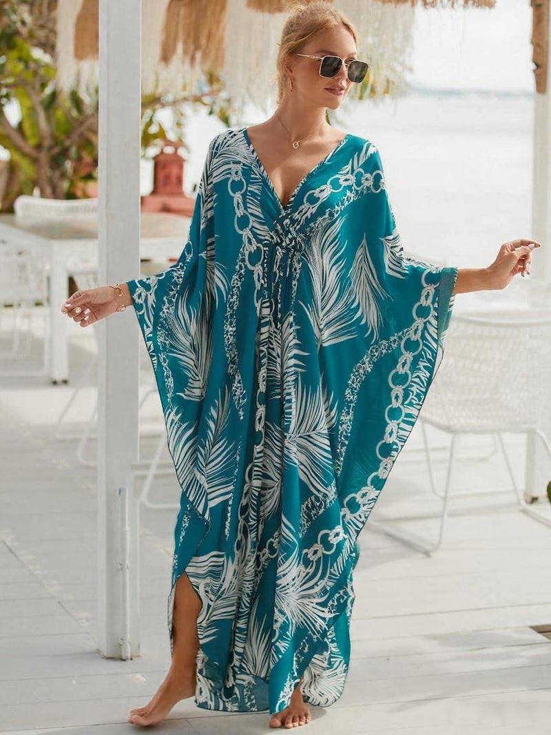 IMAGEKOPE Kaftan Dresses for Women Plus Size V-Neck Moo Moos Batwing Kaftan Beach Dress Bathing Suit Cover-Up Loungewear - Image 3