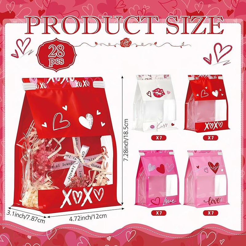 ‎باجين. Pajean 28 Pack Valentines Day Gift Bags with Tin Tie Lock, Plastic Valentines Candy Goodies Bags Red Pink Heart Shaped Treat Favor Bag Cookies Packaging Bag for Wedding Holiday Party Gift Giving - Image 2