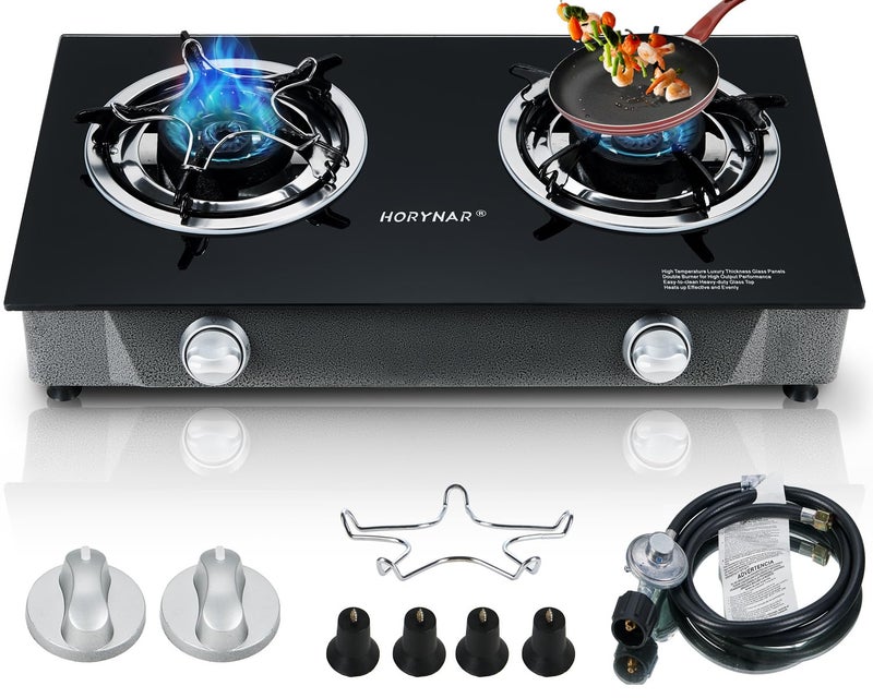 Horynar Propane Stove 2 Burner Gas Stove Auto Ignition 26000 BTU Tempered Glass Propane Burner LPG with CSA Hose for Outdoor Cooking Emergency