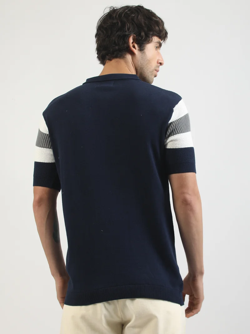 Maniac  Maniac Mens Textured ColorBlock Polo Neck Half Sleeve Navy and White Cotton T-Shirt for Men | Best Price UAE