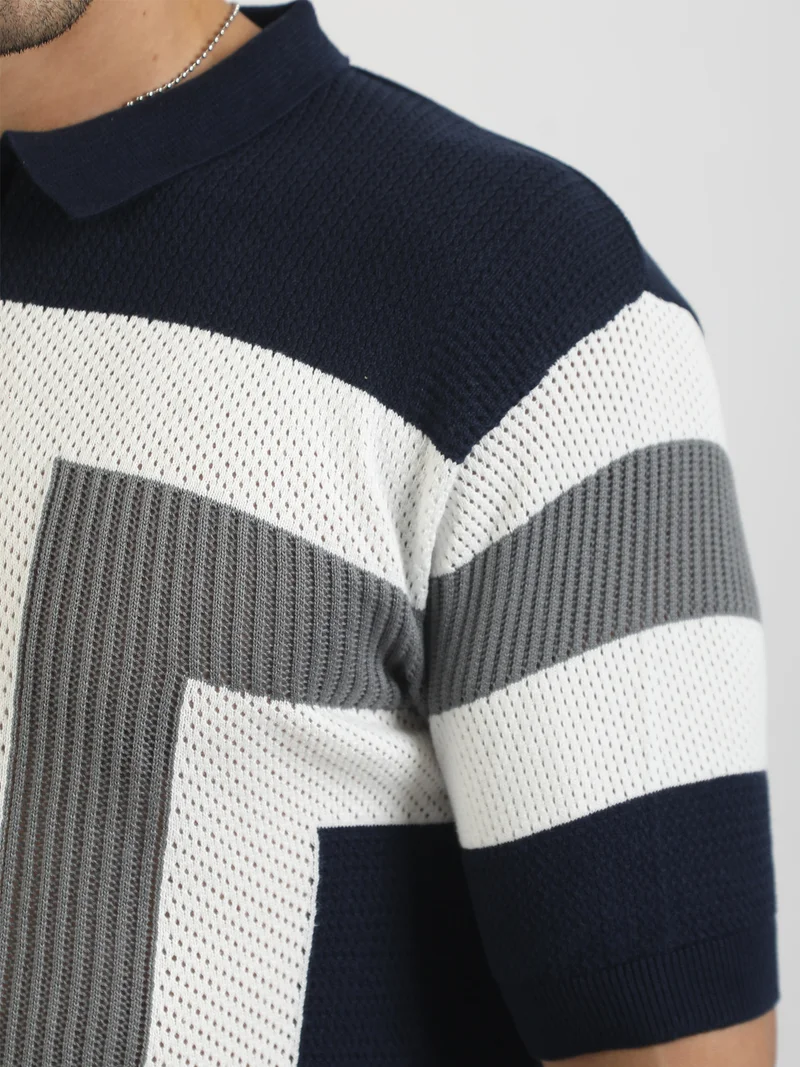 Maniac  Maniac Mens Textured ColorBlock Polo Neck Half Sleeve Navy and White Cotton T-Shirt for Men | Best Price UAE