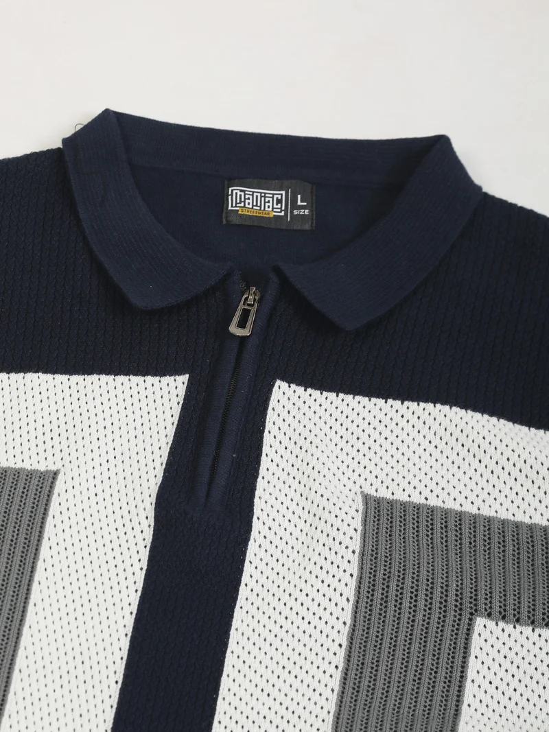 Maniac  Maniac Mens Textured ColorBlock Polo Neck Half Sleeve Navy and White Cotton T-Shirt for Men | Best Price UAE