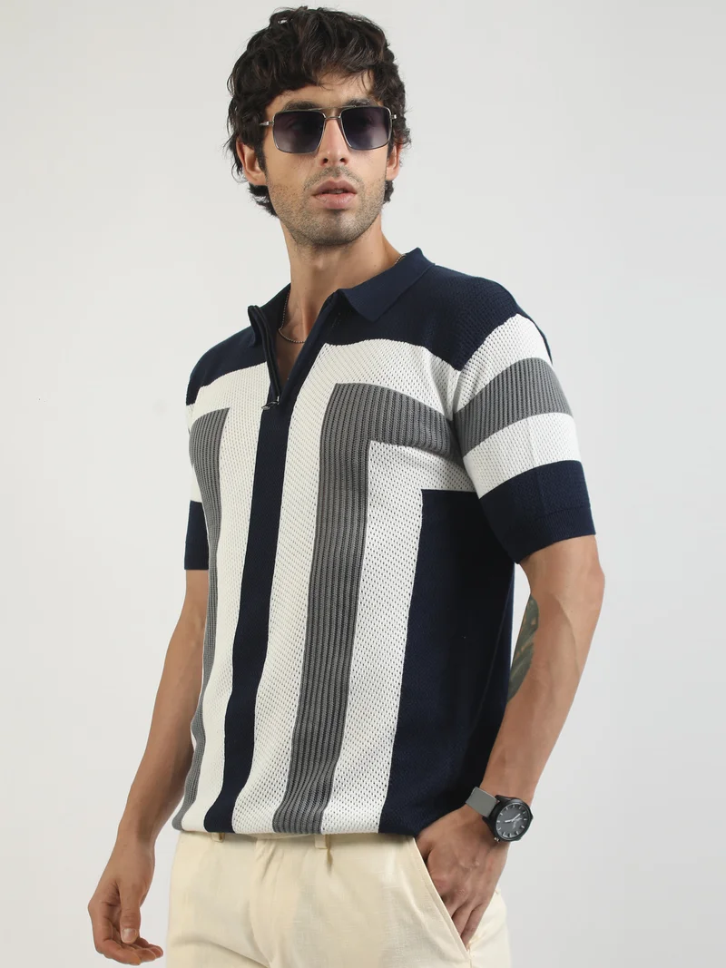 Maniac  Maniac Mens Textured ColorBlock Polo Neck Half Sleeve Navy and White Cotton T-Shirt for Men | Best Price UAE