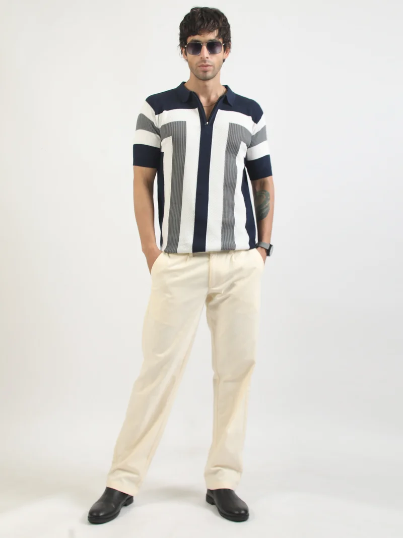 Maniac  Maniac Mens Textured ColorBlock Polo Neck Half Sleeve Navy and White Cotton T-Shirt for Men | Best Price UAE