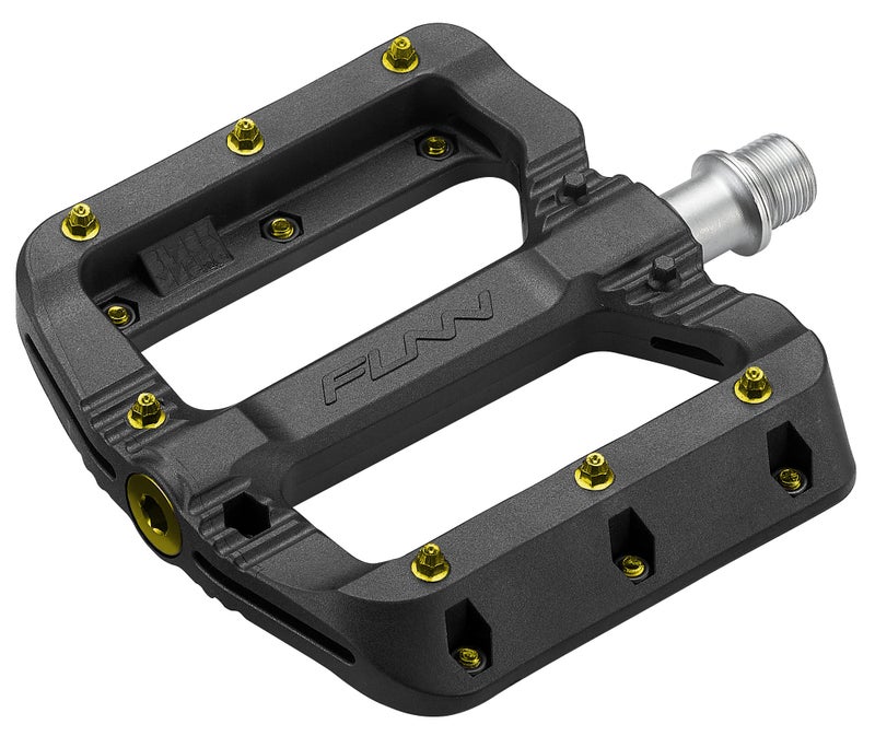 Funn Black Magic Plastic Flat Mountain Bike Pedal Set - Lightweight Wide Platform Bicycle Pedals for Stability, 9/16-inch CrMo Axle Bike Pedals for MTB/BMX/Urban/Gravel Riding (Gold Pins) - Image 1